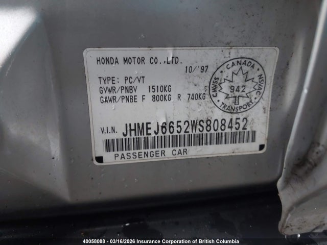 Aukcja sprzedaży 1998 Honda Civic Lx, vin: JHMEJ6652WS808452, numer aukcji: 40058088