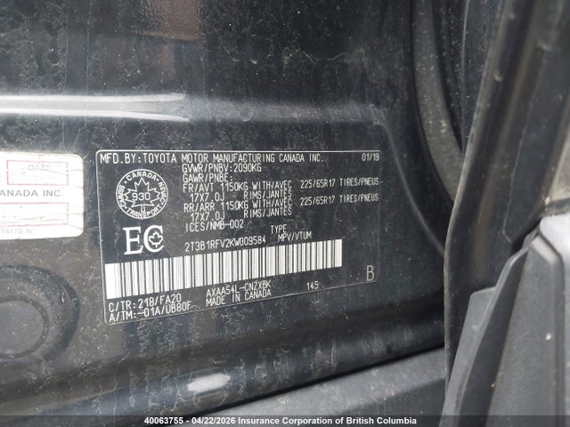 2019 Toyota Rav4 მანქანა იყიდება აუქციონზე, vin: 2T3B1RFV2KW009584, აუქციონის ნომერი: 40063755