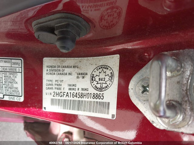 Aukcja sprzedaży 2008 Honda Civic, vin: 2HGFA16458H018865, numer aukcji: 40063765