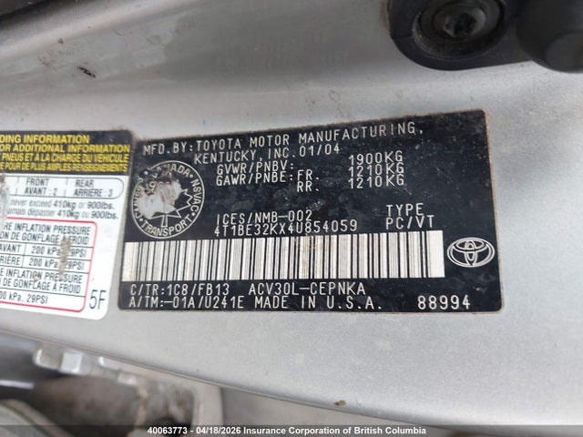 2004 Toyota Camry მანქანა იყიდება აუქციონზე, vin: 4T1BE32KX4U854059, აუქციონის ნომერი: 40063773