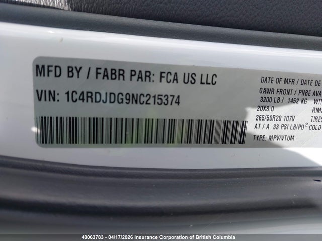 40063783 :رقم المزاد ، 1C4RDJDG9NC215374 vin ، 2022 Dodge Durango Gt مزاد بيع