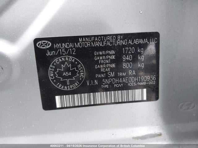 40063211 :رقم المزاد ، 5NPDH4AE0DH190936 vin ، 2013 Hyundai Elantra Gls/limited مزاد بيع