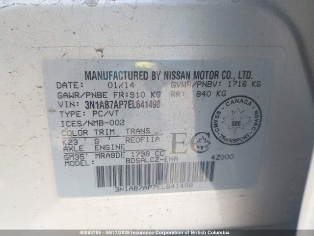 2014 Nissan Sentra S/sv/sr/sl მანქანა იყიდება აუქციონზე, vin: 3N1AB7AP7EL641498, აუქციონის ნომერი: 40063785