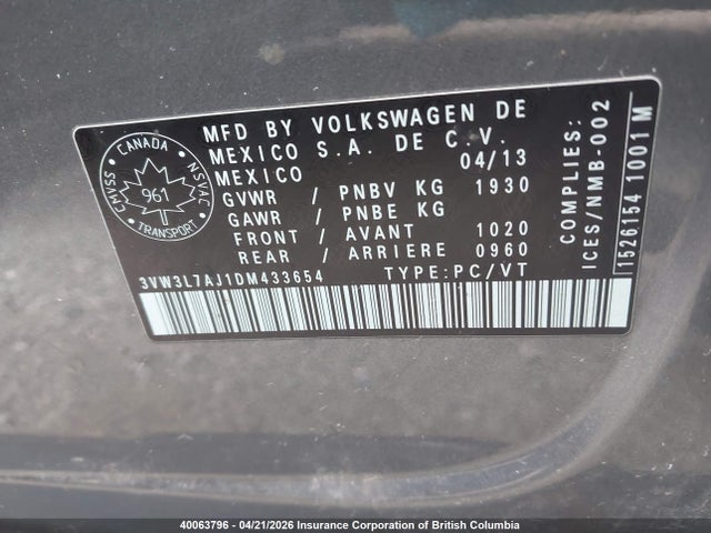 Aukcja sprzedaży 2013 Volkswagen Jetta, vin: 3VW3L7AJ1DM433654, numer aukcji: 40063796