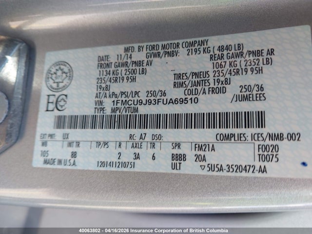Продажа на аукционе авто 2015 Ford Escape Titanium, vin: 1FMCU9J93FUA69510, номер лота: 40063802