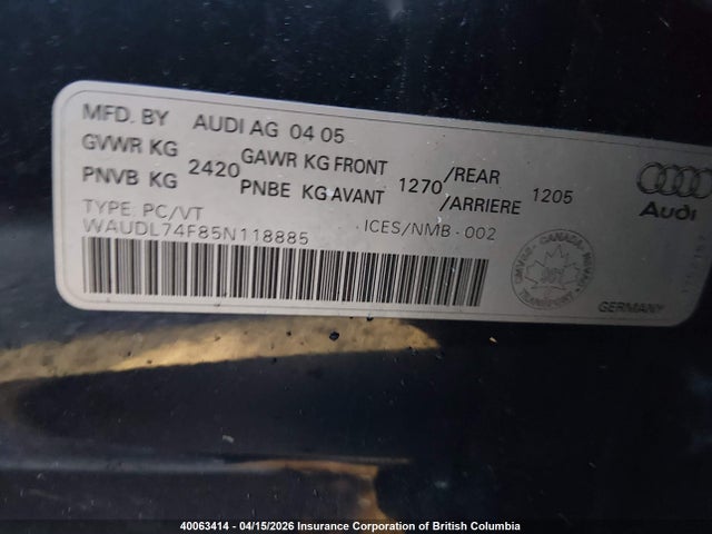 Продажа на аукционе авто 2005 Audi A6 4.2 Quattro, vin: WAUDL74F85N118885, номер лота: 40063414