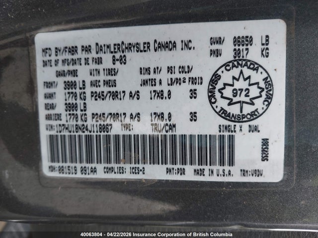 Aukcja sprzedaży 2004 Dodge Ram 1500 St/slt, vin: 1D7HU18N24J118067, numer aukcji: 40063804