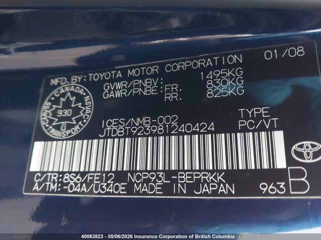 40063823 :رقم المزاد ، JTDBT923981240424 vin ، 2008 Toyota Yaris مزاد بيع
