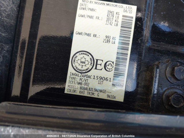 2010 Nissan Altima 2.5 S მანქანა იყიდება აუქციონზე, vin: 1N4AL2AP0AC159061, აუქციონის ნომერი: 40063833