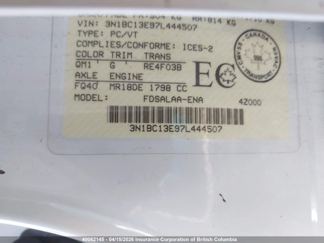 Продажа на аукционе авто 2007 Nissan Versa S/sl, vin: 3N1BC13E97L444507, номер лота: 40062145