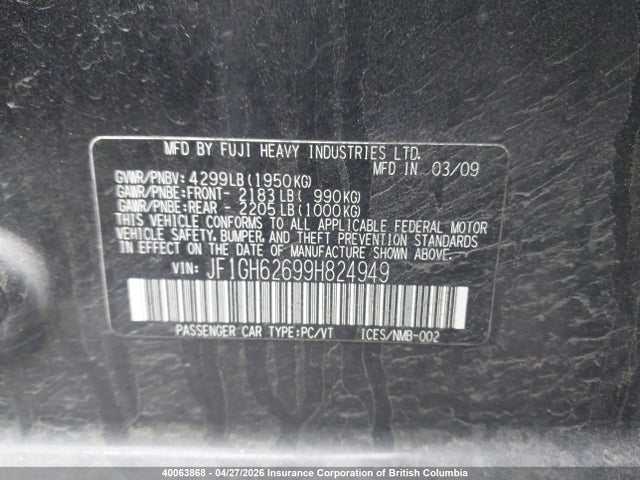 Aukcja sprzedaży 2009 Subaru Impreza 2.5i, vin: JF1GH62699H824949, numer aukcji: 40063868