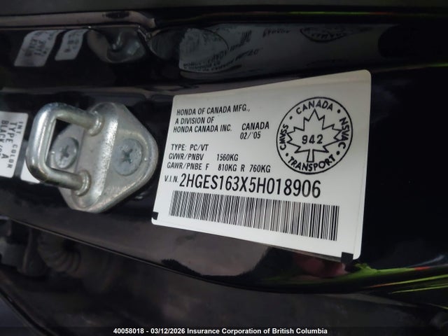40058018 :رقم المزاد ، 2HGES163X5H018906 vin ، 2005 Honda Civic Dx Vp مزاد بيع