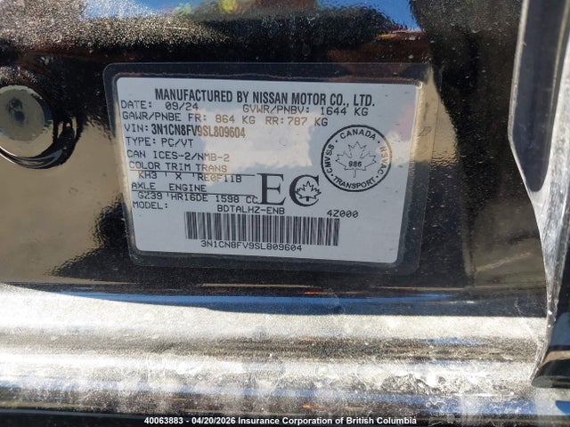 Aukcja sprzedaży 2025 Nissan Versa, vin: 3N1CN8FV9SL809604, numer aukcji: 40063883