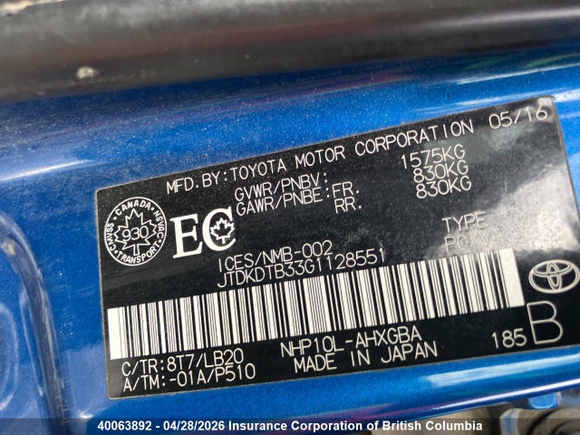 JTDKDTB33G1128551 Toyota Prius