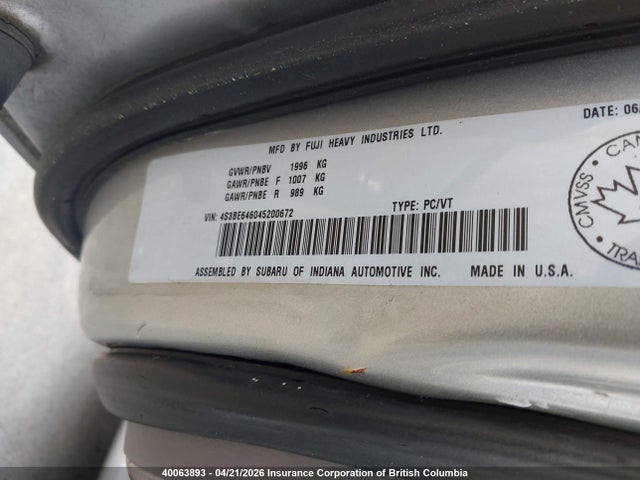 Продажа на аукционе авто 2004 Subaru Legacy 2.5 Gt, vin: 4S3BE646045200672, номер лота: 40063893