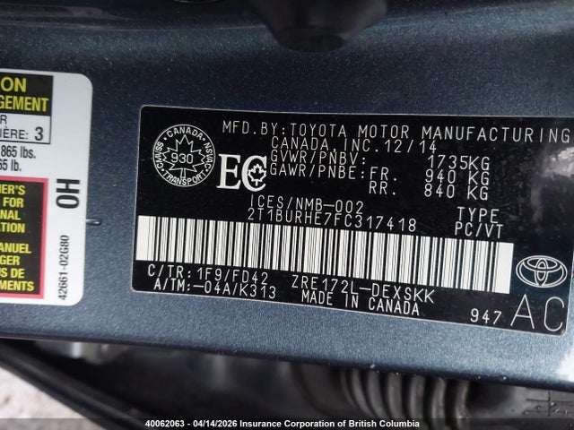 2015 Toyota Corolla L/le/le Pls/prm/s/s Pls მანქანა იყიდება აუქციონზე, vin: 2T1BURHE7FC317418, აუქციონის ნომერი: 40062063