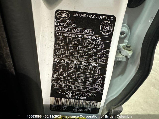 SALVP2BGXGH089412 Land Rover Range Rover Evoque Se