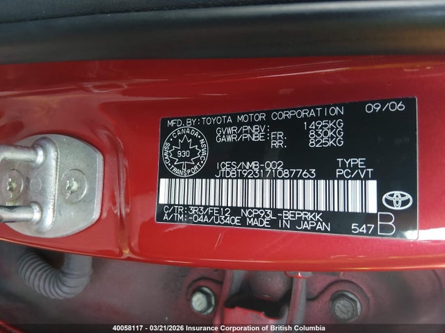 2007 Toyota Yaris მანქანა იყიდება აუქციონზე, vin: JTDBT923171087763, აუქციონის ნომერი: 40058117