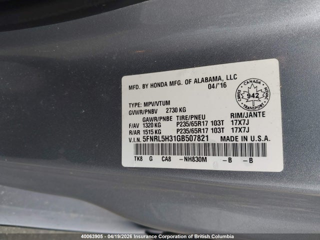 5FNRL5H31GB507821 Honda ODYSSEY SE
