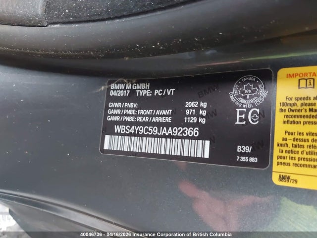 Продажа на аукционе авто 2018 Bmw M4, vin: WBS4Y9C59JAA92366, номер лота: 40046736