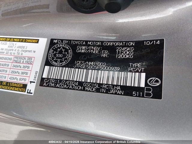 Aukcja sprzedaży 2015 Lexus Rc 350, vin: JTHSE5BC5F5000939, numer aukcji: 40063432