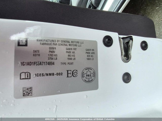 2010 Chevrolet Cobalt 1lt მანქანა იყიდება აუქციონზე, vin: 1G1AD1F59A7174894, აუქციონის ნომერი: 40063926