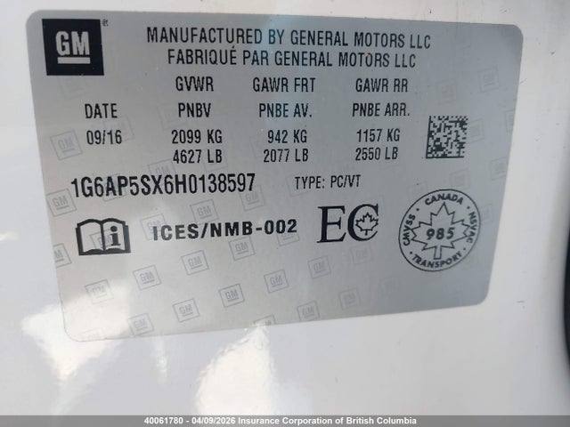 1G6AP5SX6H0138597 Cadillac CTS