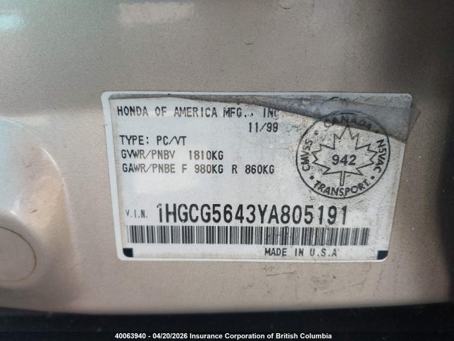 Aukcja sprzedaży 2000 Honda Accord Lx, vin: 1HGCG5643YA805191, numer aukcji: 40063940
