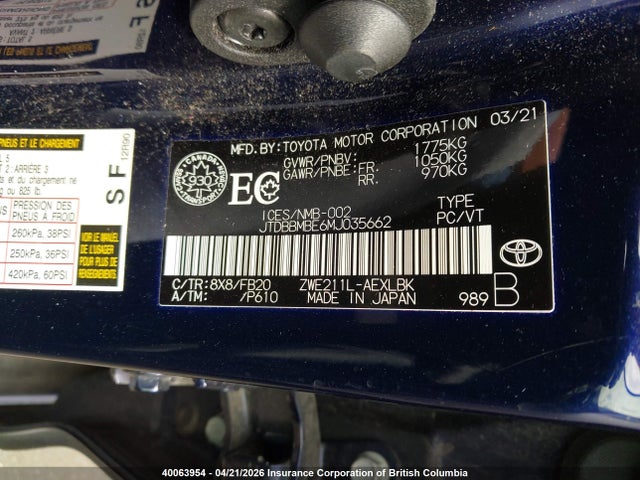 JTDBBMBE6MJ035662 Toyota Corolla Hybrid