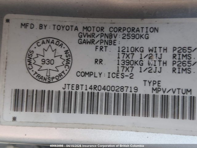 2004 Toyota 4runner Sr5/sport მანქანა იყიდება აუქციონზე, vin: JTEBT14R040028719, აუქციონის ნომერი: 40063098