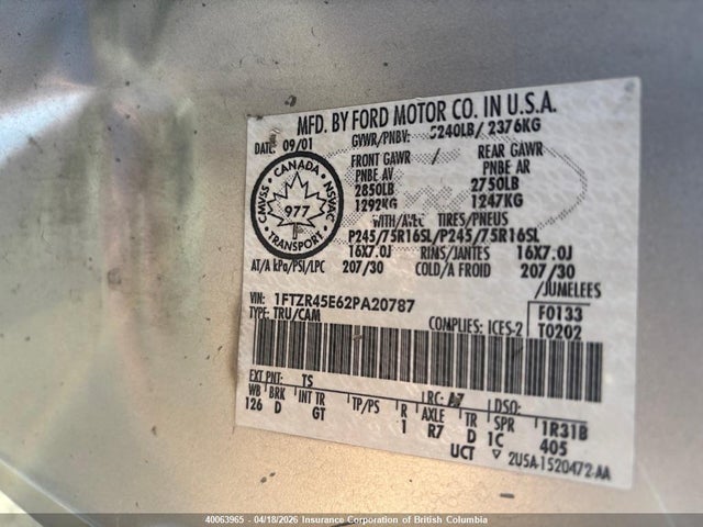 Aukcja sprzedaży 2002 Ford Ranger Super Cab, vin: 1FTZR45E62PA20787, numer aukcji: 40063965