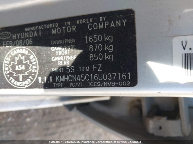 2006 Hyundai Accent Gls მანქანა იყიდება აუქციონზე, vin: KMHCN45C16U037161, აუქციონის ნომერი: 40063967
