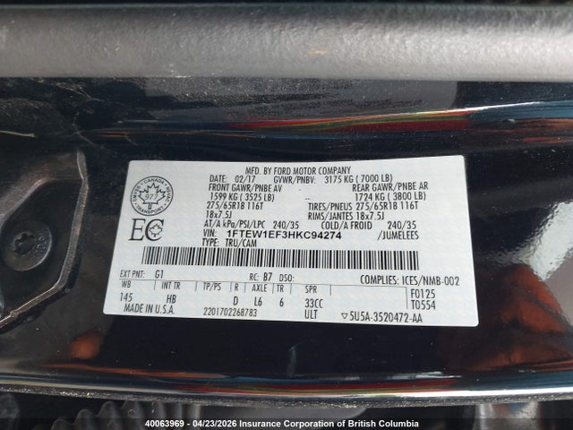 Продажа на аукционе авто 2017 Ford F150, vin: 1FTEW1EF3HKC94274, номер лота: 40063969