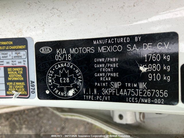 3KPFL4A75JE267356 KIA Forte