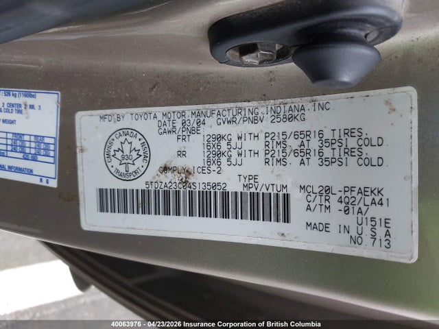 2004 Toyota Sienna Ce/le მანქანა იყიდება აუქციონზე, vin: 5TDZA23C04S135052, აუქციონის ნომერი: 40063976