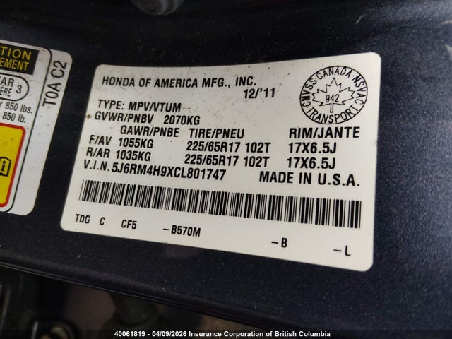 Aukcja sprzedaży 2012 Honda Cr-v Touring, vin: 5J6RM4H9XCL801747, numer aukcji: 40061819