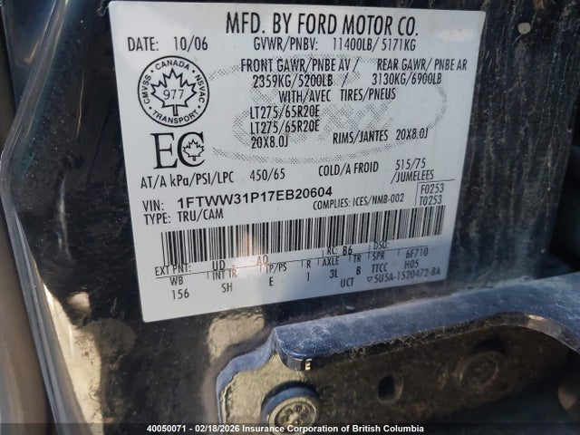 40050071 :رقم المزاد ، 1FTWW31P17EB20604 vin ، 2007 Ford F350 Srw Super Duty مزاد بيع