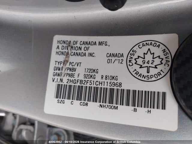Aukcja sprzedaży 2012 Honda Civic, vin: 2HGFB2F51CH115968, numer aukcji: 40063982