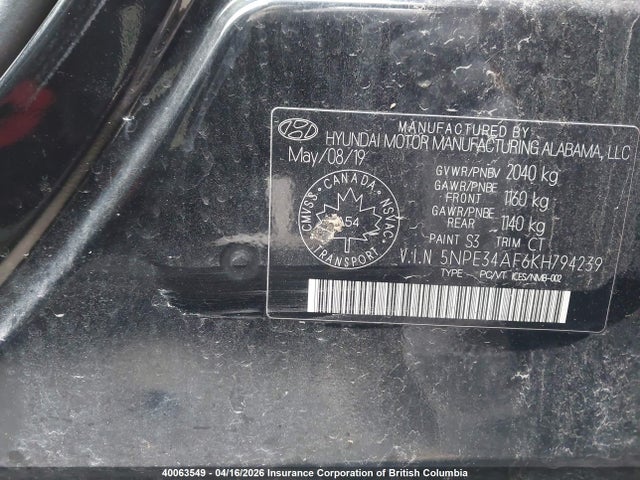 5NPE34AF6KH794239 Hyundai Sonata Limited/sel/sport