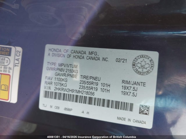 2HKRW2H91MH218056 Honda Cr-v Touring
