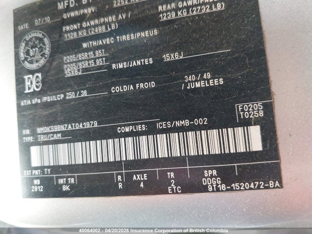 40064002 :رقم المزاد ، NM0KS9BN7AT041979 vin ، 2010 Ford Transit Connect Xlt مزاد بيع