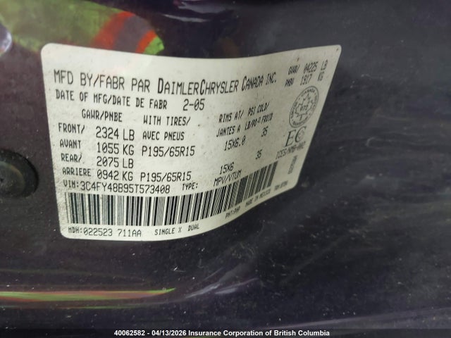 40062582 :رقم المزاد ، 3C4FY48B95T573408 vin ، 2005 Chrysler Pt Cruiser مزاد بيع
