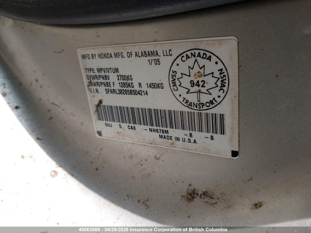 Aukcja sprzedaży 2005 Honda Odyssey Lx, vin: 5FNRL38285B504214, numer aukcji: 40063669