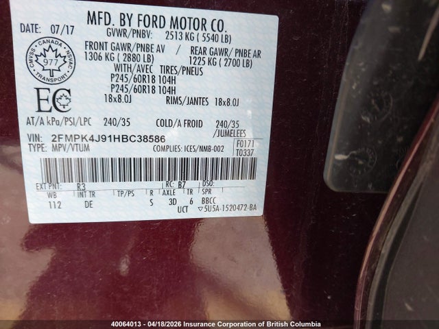 40064013 :رقم المزاد ، 2FMPK4J91HBC38586 vin ، 2017 Ford Edge مزاد بيع