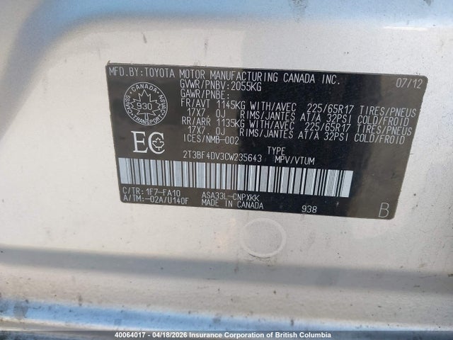 2012 Toyota Rav4 მანქანა იყიდება აუქციონზე, vin: 2T3BF4DV3CW235643, აუქციონის ნომერი: 40064017