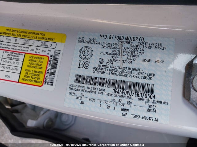 Продажа на аукционе авто 2014 Ford Fusion Se Phev, vin: 3FA6P0PU7ER370504, номер лота: 40064027