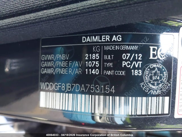 40064033 :رقم المزاد ، WDDGF8JB7DA753154 vin ، 2013 Mercedes-benz C 350 4matic مزاد بيع