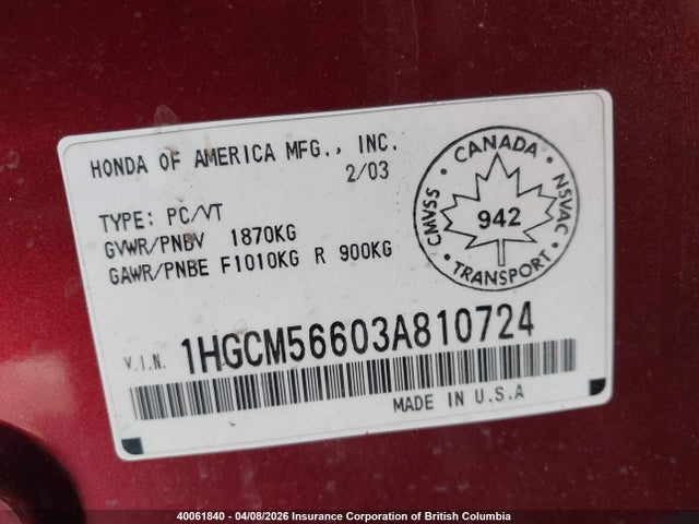 Aukcja sprzedaży 2003 Honda Accord Ex, vin: 1HGCM56603A810724, numer aukcji: 40061840