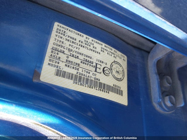 2007 Nissan Versa მანქანა იყიდება აუქციონზე, vin: 3N1BC13E67L368244, აუქციონის ნომერი: 40064034