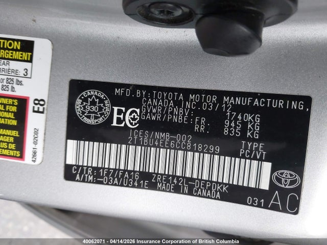 2012 Toyota Corolla S/le მანქანა იყიდება აუქციონზე, vin: 2T1BU4EE6CC818299, აუქციონის ნომერი: 40062071